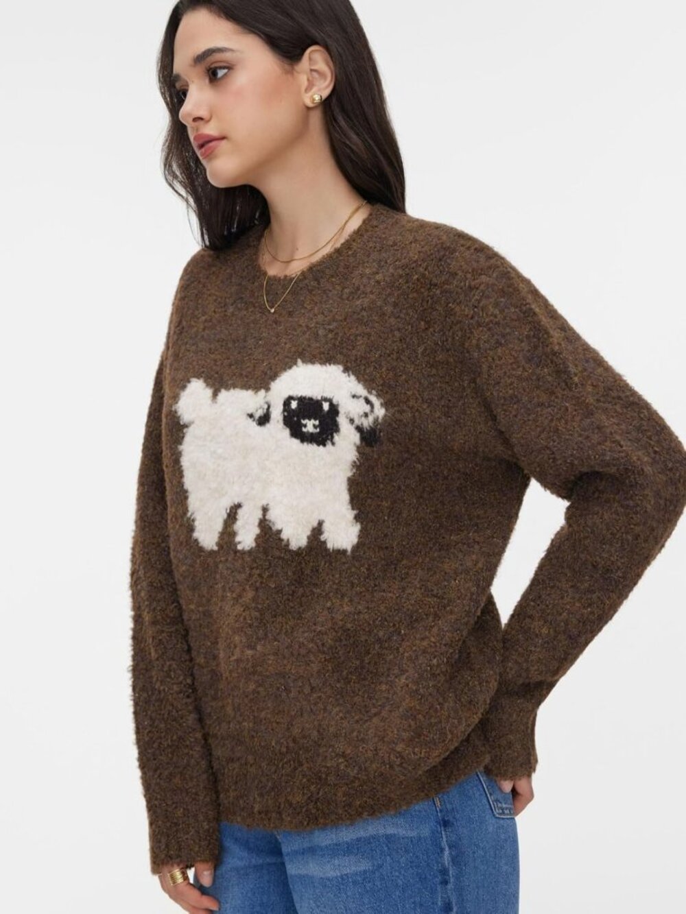 Cozy Oversized Wool Blend Sweater for Women | Cute Sheep Pattern Pullover - Picture 3 of 8